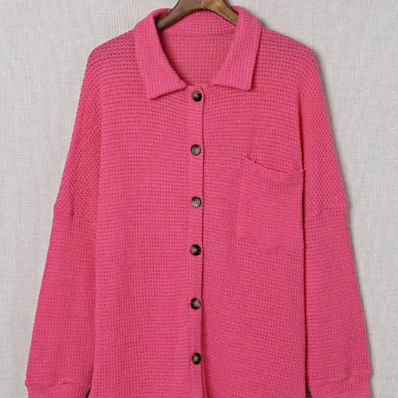 Pink Cute Women's Button Front Waffle Knit Long Sleeve Shacket - Picture 3 of 3